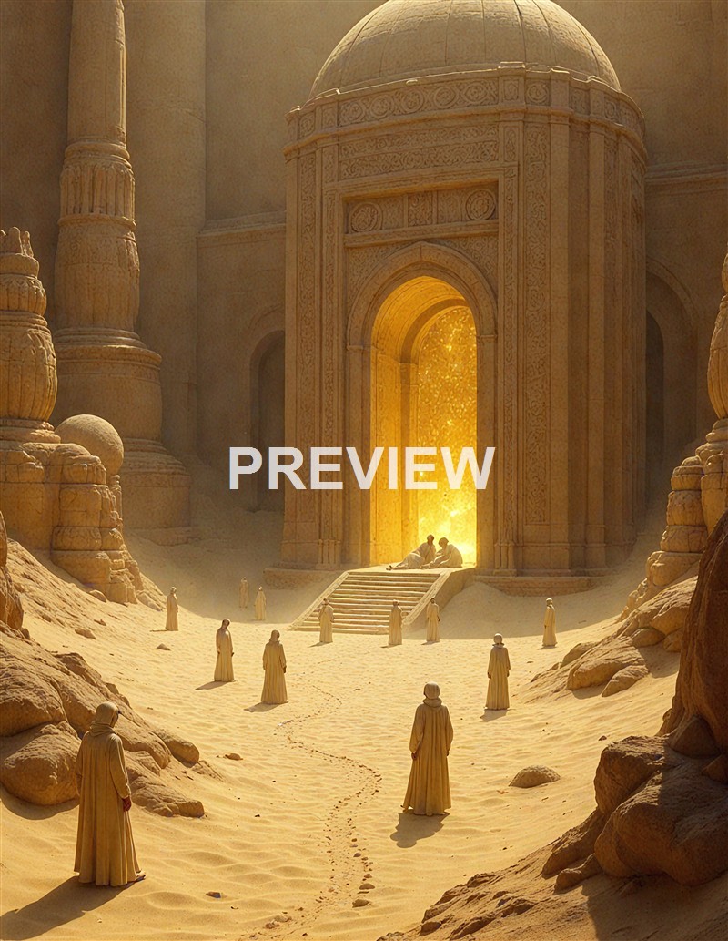 The image depicts a fantastical scene of an ancient, ornate temple or palace-like structure in a desert, with a glowing golden light emanating from an open doorway, and several robed figures approaching or standing around it.